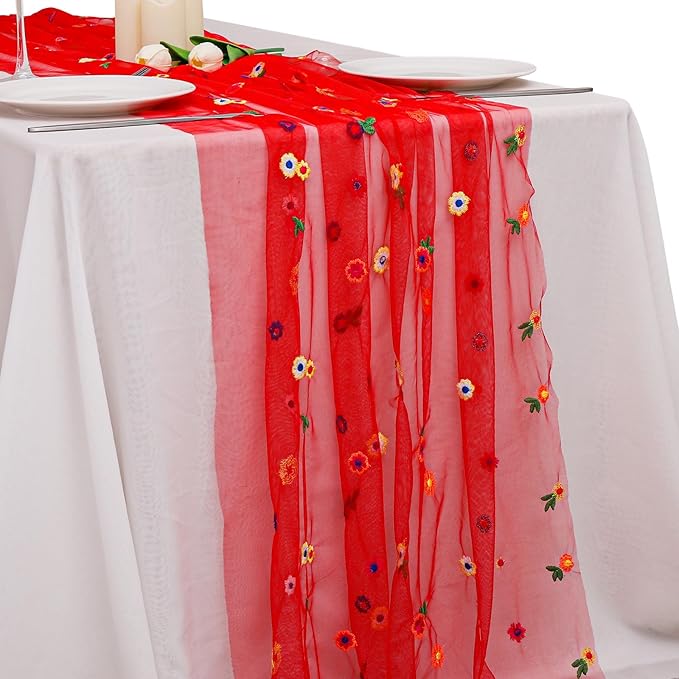 BINBE 1pcs Daisy Fall Table Runner Embroidery Gauze 10FT Florals Seasonal Tulle by BINBE