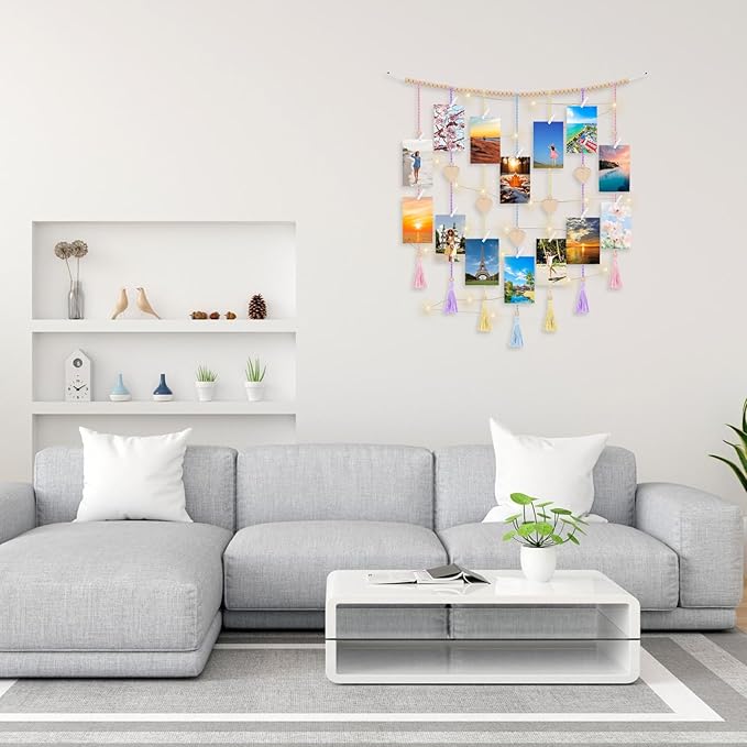 Boho Macrame Wall Decor with Hanging Photo Display and Fairy Lights 14 Wood - Image 5