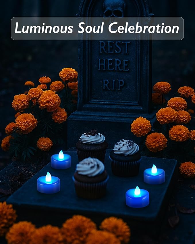 Raycare Blue LED Tea Lights Battery Operated, 200+Hour Flickering Votive Candles - Image 4