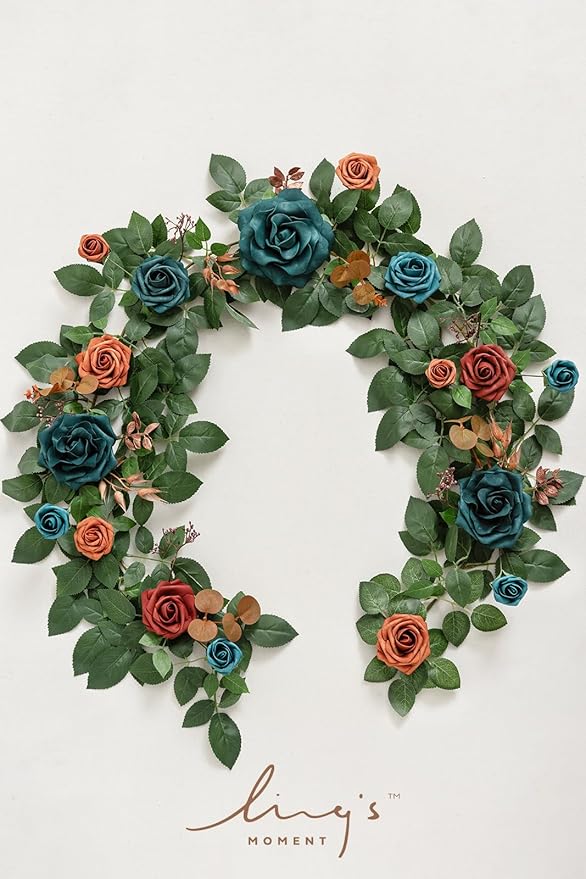 Ling's Moment 5FT Teal Blue Artificial Flower Garland Burnt Orange Rose - Image 5