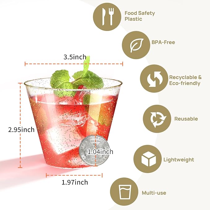 9oz Plastic Cups with Gold Glitter Sturdy & Food Safe Disposable Wine Glasses - Image 4