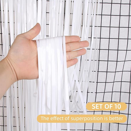 10 Pack White Backdrop Curtain 3.2ft x 8.2ft Metallic Tinsel Foil Fringe - Image 2