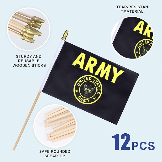 12Pcs Small USA Gold Crest Flags on Wooden Stick Mini Military Flag Hand Held - Image 4