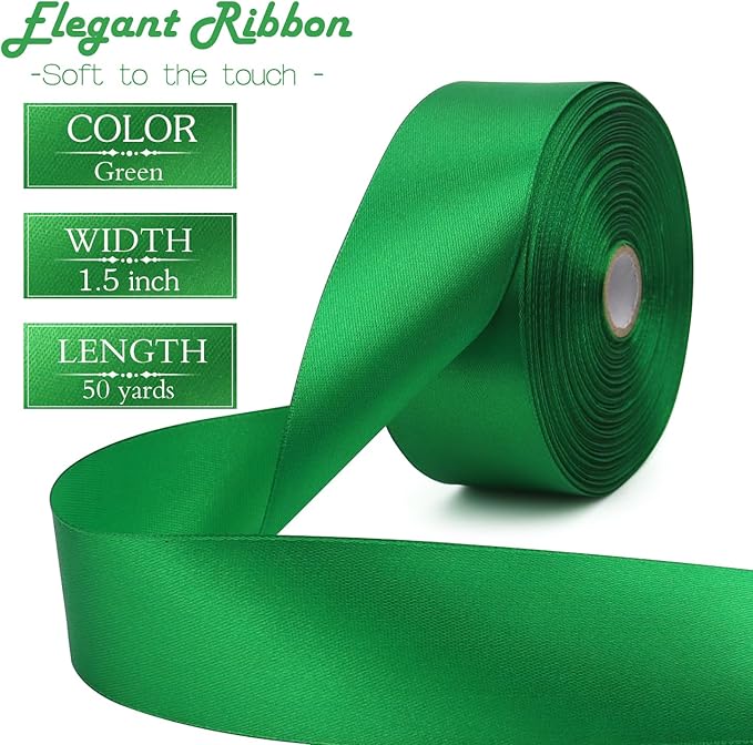 Green Solid Satin Ribbon 1-1/2 Inch 50 Yards Solid Polyester Fabric Ribbon - Image 2