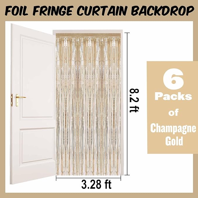 6 Pack Champagne Gold Foil Fringe Curtains Backdrop, 3.28 x 8.2 Ft Metallic - Image 2