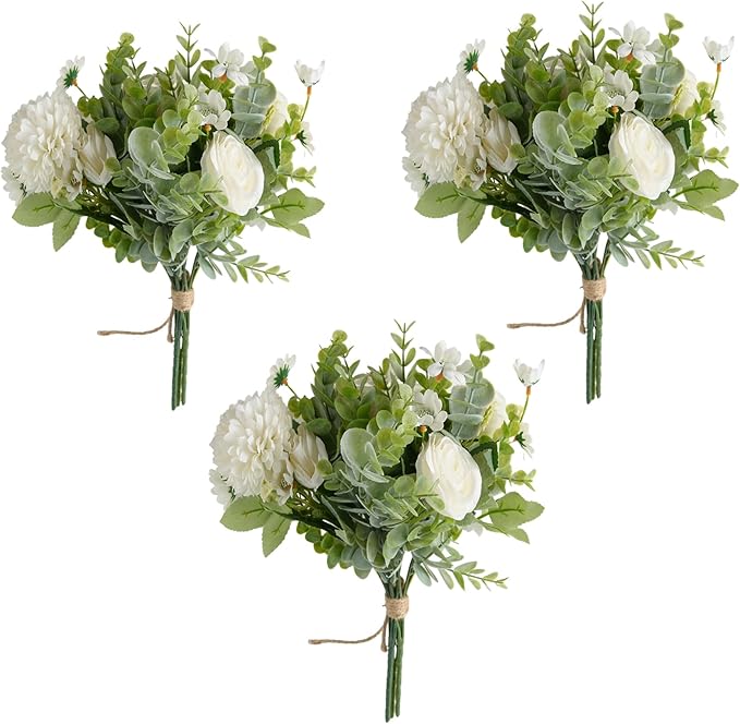 Meldel 3 Pcs Bouquet Rose Artificial Fake Flowers Eucalyptus Plants Faux Silk by Meldel