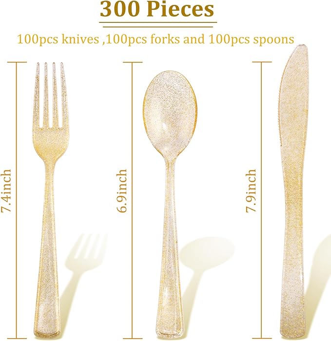 Supernal 300pcs Gold Glitter Plastic Cutlery Disposable Utensils Gold Plastic - Image 3