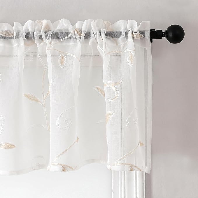 VISIONTEX Sheer Voile Curtain Valances, Decorative Leaves Embroidered, Rod - Image 2