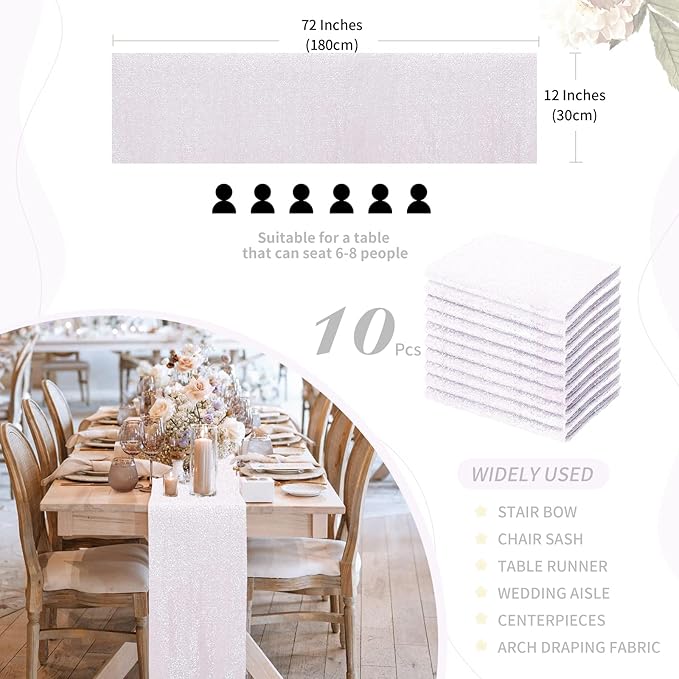 White Iridescent Sequin Table Runners 10 Packs 12x72 Inches Glitter Sparkly - Image 3