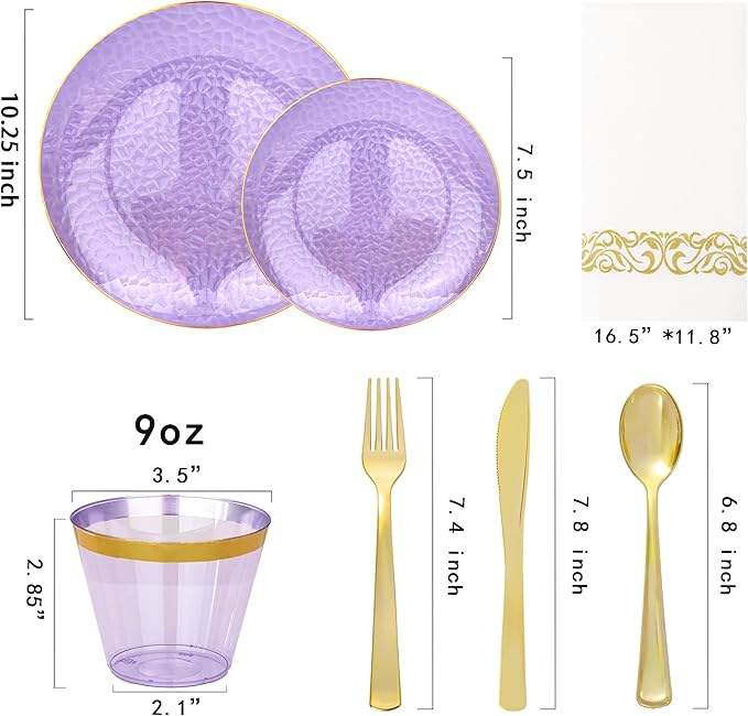 Rubtlamp 350 Pcs Clear Purple Plastic Plates, Hammered Party Plates Set - Image 2