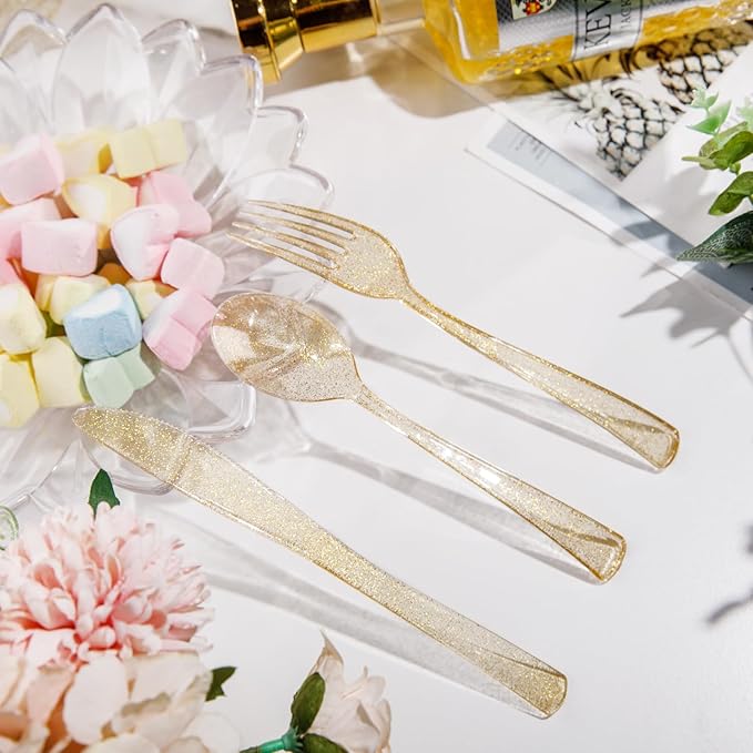 Supernal 300pcs Gold Glitter Plastic Cutlery Disposable Utensils Gold Plastic - Image 8