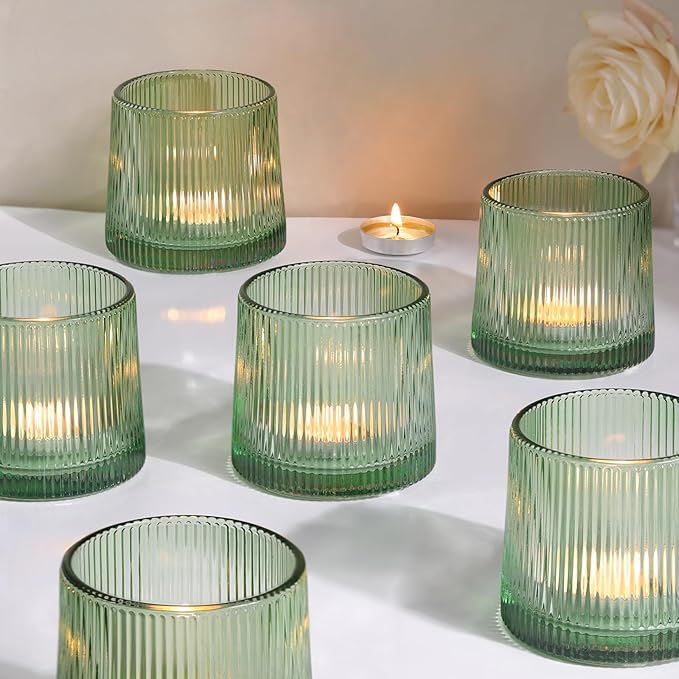 DARJEN Green Ribbed Tealight Votive Candle Holders- 6Pack Glass Candle Holders by DARJEN