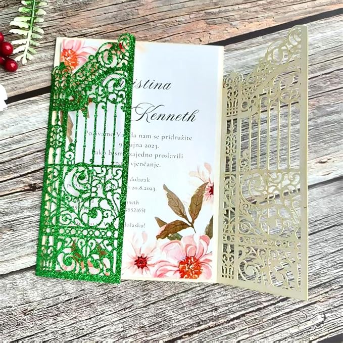 MillaSaw Glitter Green Gate Invitation Sleeve, Laser Cut Catle Invitation by MillaSaw