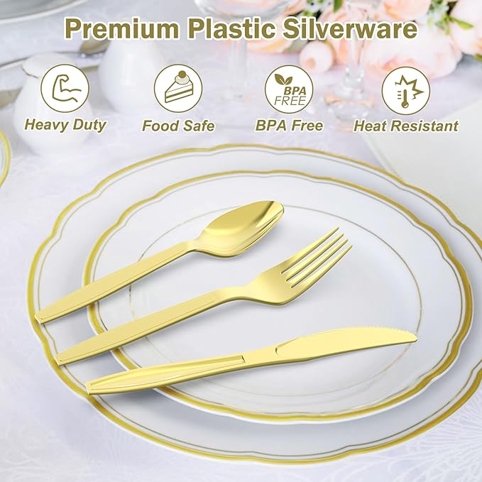 300 Count Extra Heavy Duty Gold Plastic Silverware, 100 Forks, 100 Spoons - Image 3