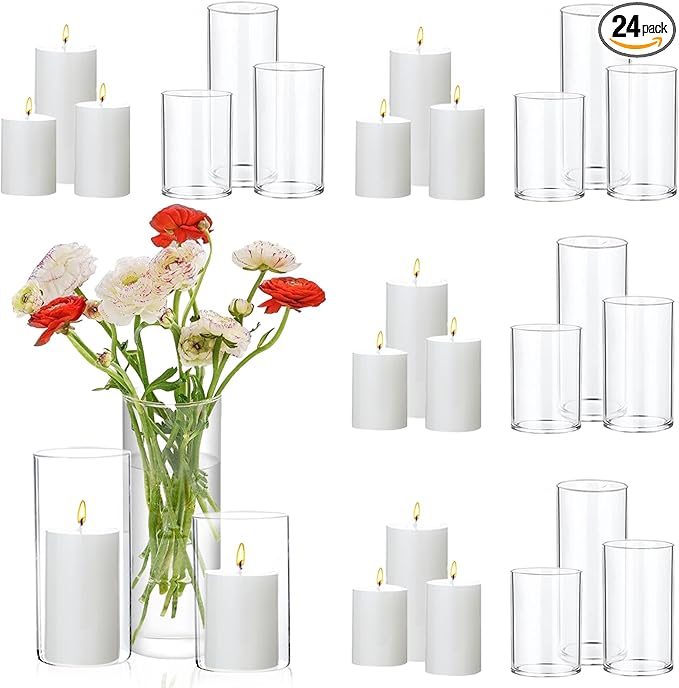 UDU 24 Pcs White Pillar Candles and Glass Cylinder Vases, Hurricane Pillar by Unknown