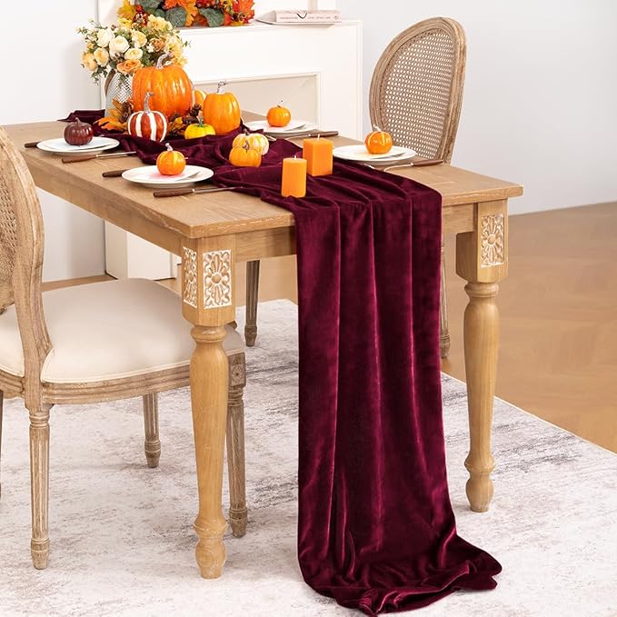 Burgundy Velvet Table Runner Fall Thanksgiving Red Table Runner 20 x 120 Inch - Image 4