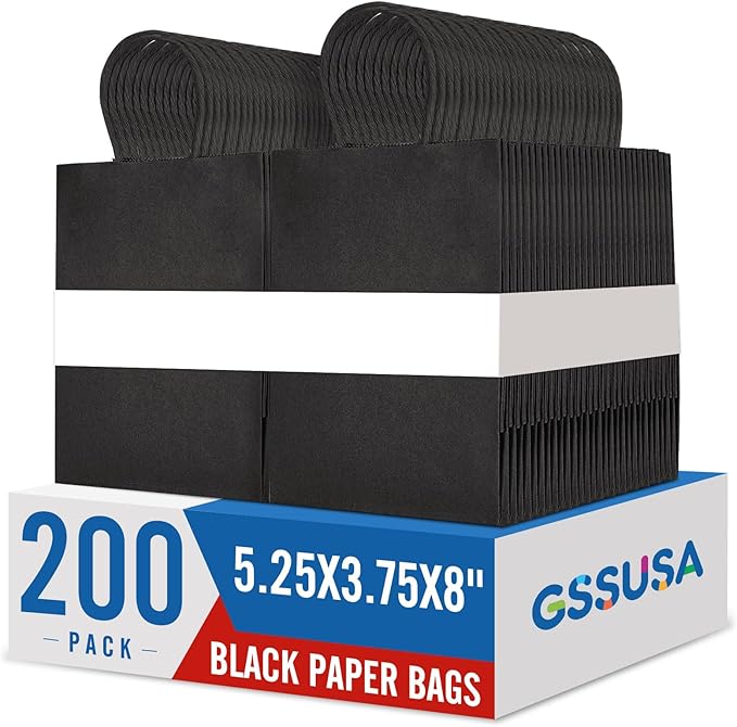 GSSUSA 200 Pack Black Paper Gift Bags 5.25x3.75x8'', Merchandise by GSSUSA