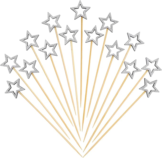 Minisland Matt Silver Star Cocktail Picks, 5.5 Inch Long Bamboo Fancy Toothpicks by Minisland