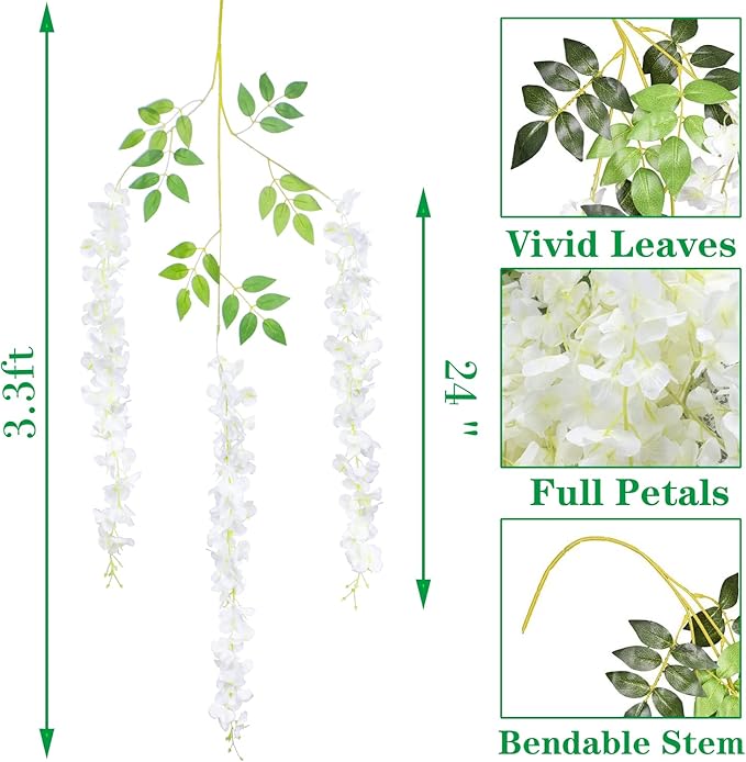 24 Pack Artificial Fake Wisteria Vine Ratta Hanging Garland Silk Flowers String - Image 2