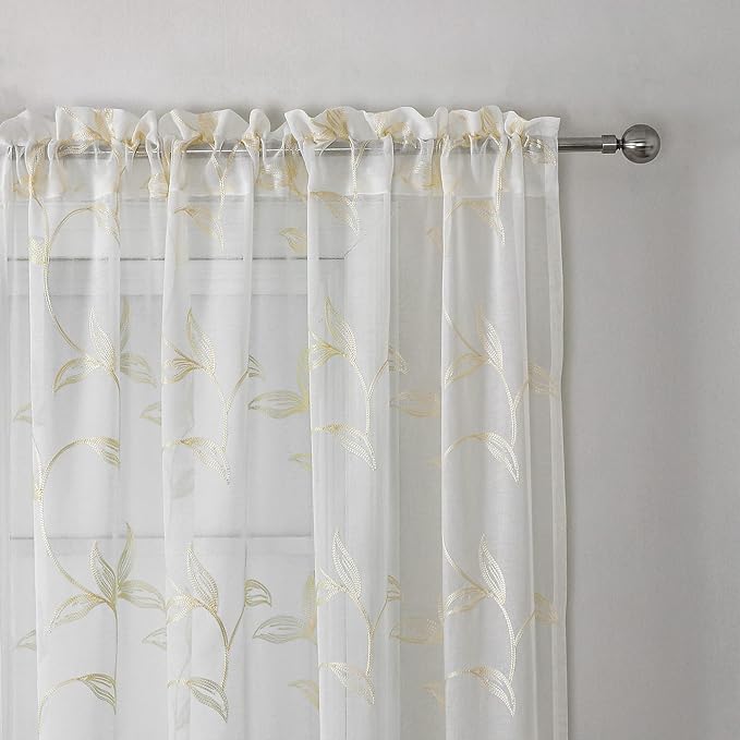 VISIONTEX Sheer Curtains 108 inch Length 2 Panels Set, Rod Pocket Embroidered - Image 3
