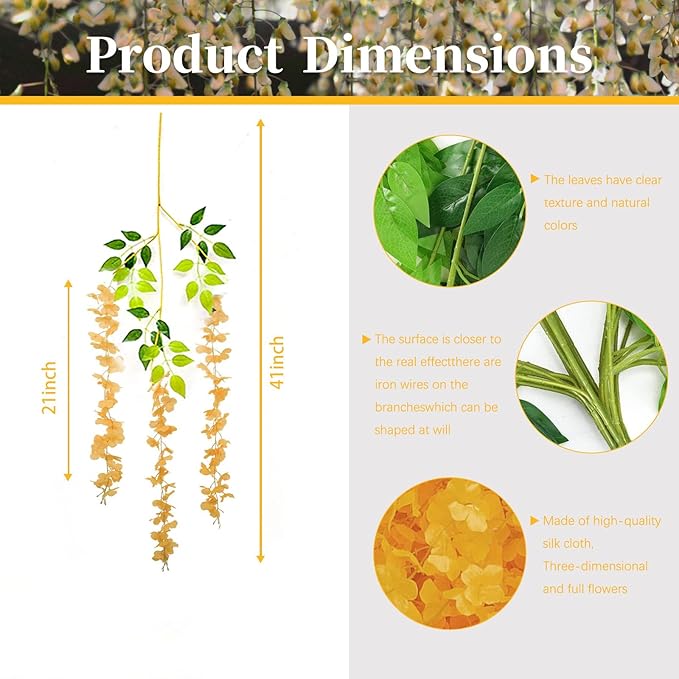 12 Pack Orange Wisteria Hanging Flowers, 3.44 Ft Fake Hanging Flowers, - Image 3