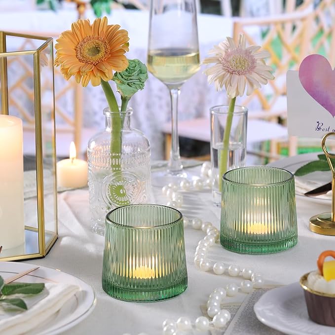 DARJEN Green Ribbed Tealight Votive Candle Holders- 6Pack Glass Candle Holders - Image 7