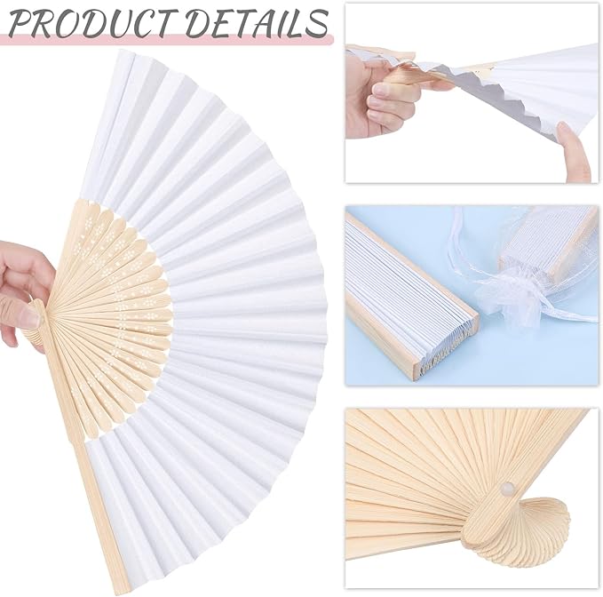 MCEAST 60 Pieces Wedding Handheld Paper Fans White Bamboo Folding Paper Fans - Image 3