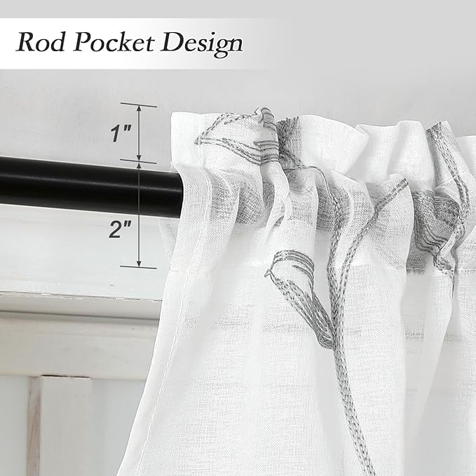 VISIONTEX Sheer Voile Curtain Valances, Decorative Leaves Embroidered, Rod - Image 3