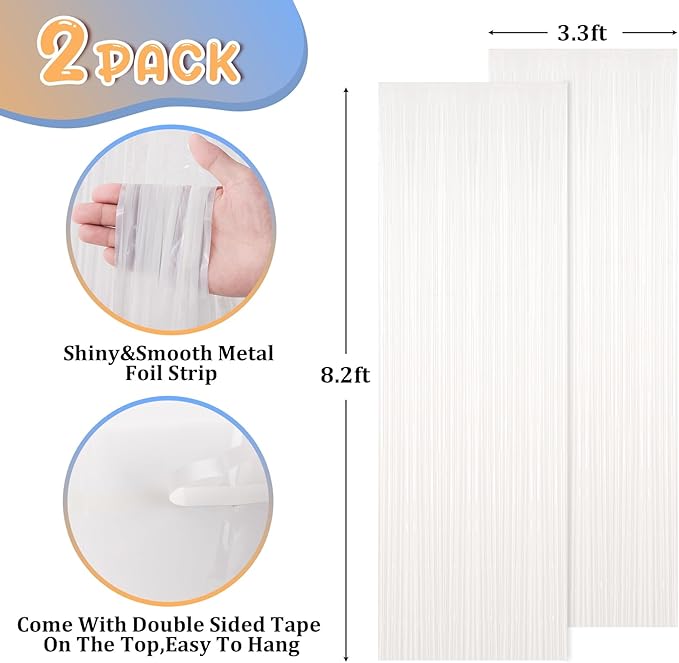 2 Pack White Foil Fringe Backdrop Curtains, Tinsel Streamers Birthday Party - Image 3