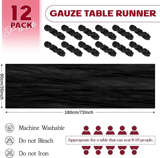 Aktor 12 Pack Black Table Runner Boho Cheesecloth Table Runner Semi Sheer Gauze - Image 4