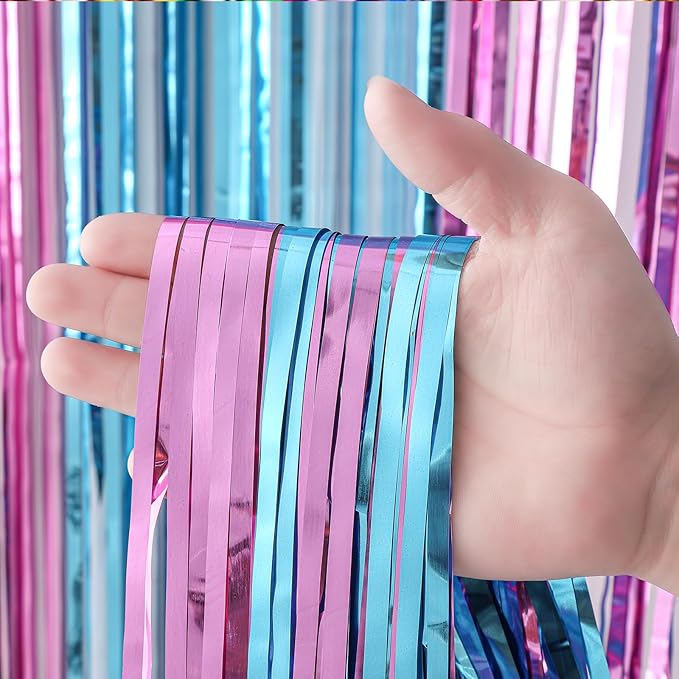 2 Pack 3.3x8.2 Feet Blue and Pink Foil Fringe Backdrop Curtains, Tinsel - Image 2