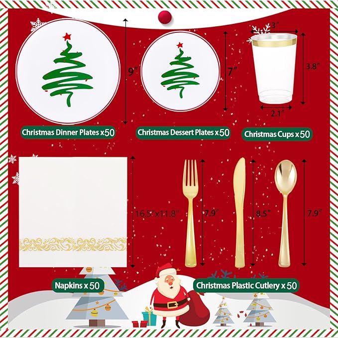 Supernal 350pcs Christmas Plastic Dinnerware Set, Christmas Plastic Plates - Image 7