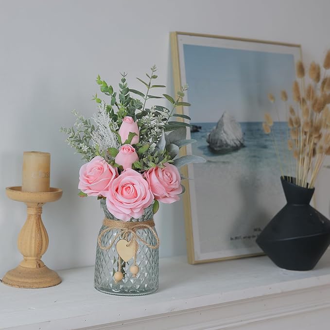 Faux Flowers with Vase, Artificial Silk Roses in Vase, Fake Plant Eucalyptus - Image 8