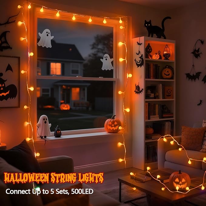 Connectable Orange Halloween Lights Outdoor Indoor - 43FT 100LED Globe String - Image 6