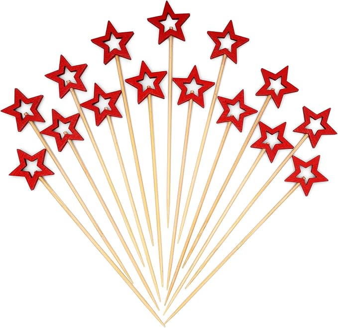 Minisland Big Red Star Cocktail Picks, 5.5 Inch Long Bamboo Fancy Toothpicks by Minisland