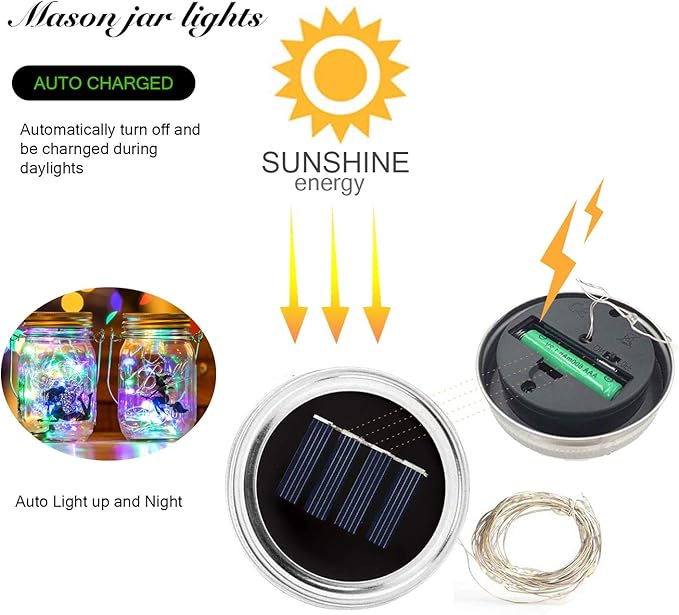 VOOKRY 6 Pack Solar Mason Jar Lights, 30 LED Mason Jar Lids Waterproof Firefly - Image 2