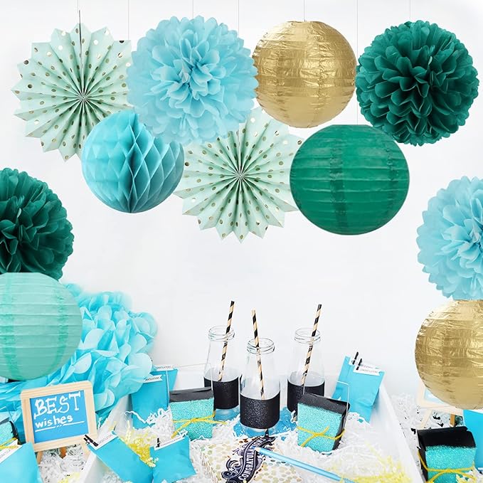 Sage-Green Teal-Blue Party-Decorations Streamers Lanterns - Image 2