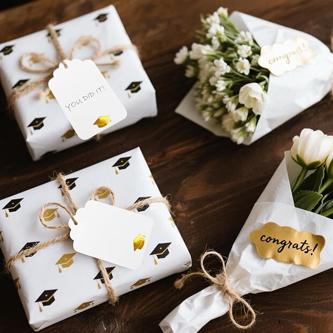 100Pcs Blank Gift Tags with String Foil Gold Grad Cap Large White Paper Gift - Image 5