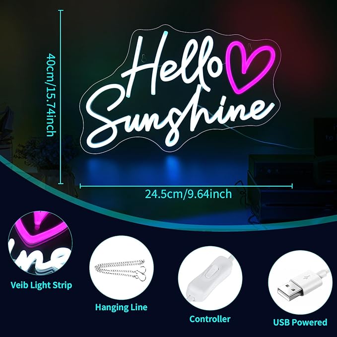 Hello Sunshine Neon Signs for Wall Decor White LED Neon Sign for Room Neon - Image 2