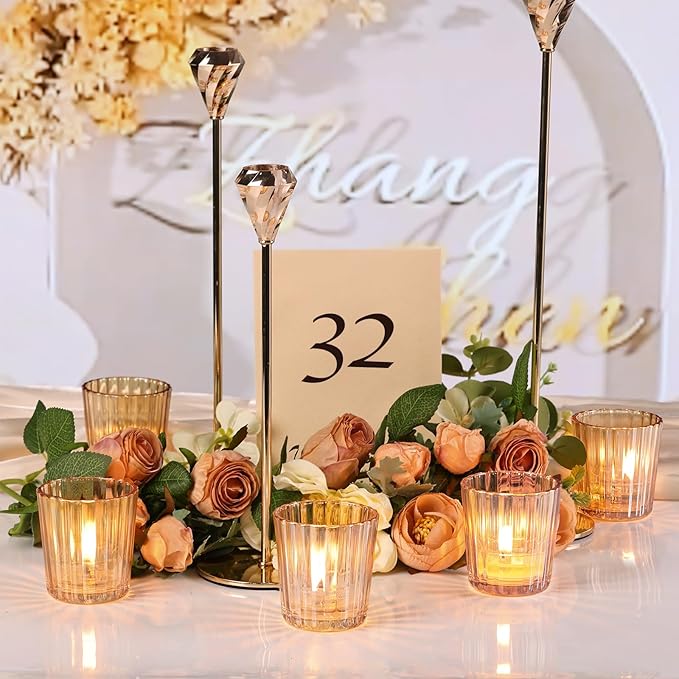 8PCS Vintage Ribbed Gold Votive Candle Holders, Glass Candle Holder - Image 3