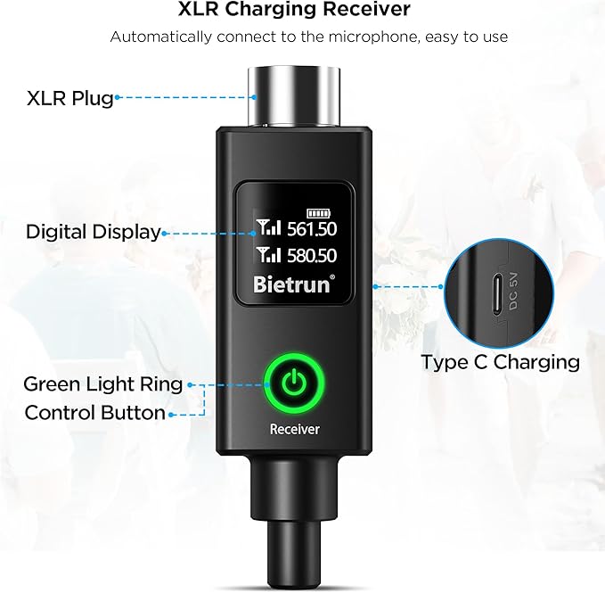 Bietrun XLR Wireless Microphone, UHF Dual Handheld Dynamic Metal Mic Set - Image 6