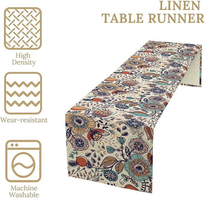 Boho Floral Table Runner, Vintage Flowers Tropical Plants Country Style Table - Image 4