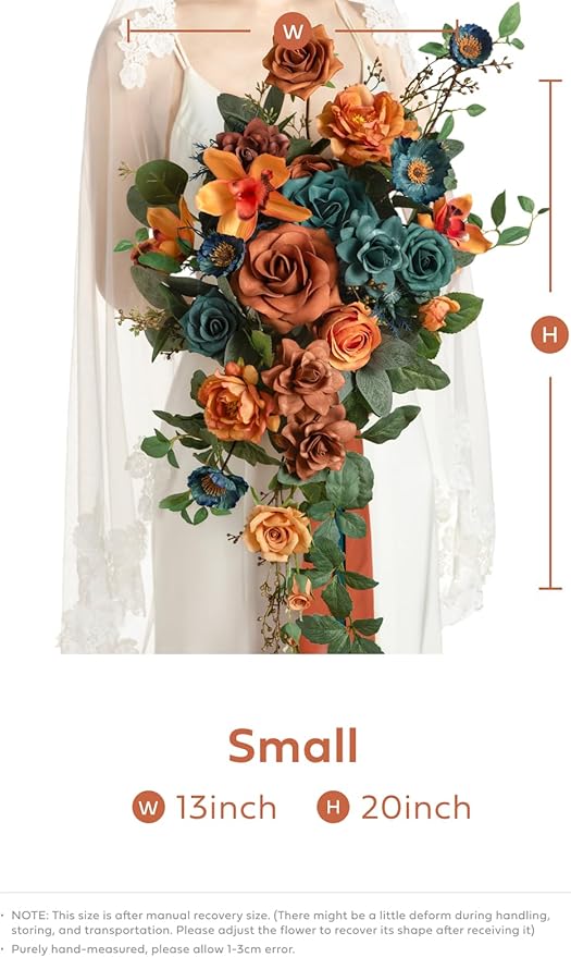 Ling's moment Teal Bridal Bouquet Cascading, Burnt Orange Wedding Bouquets - Image 7