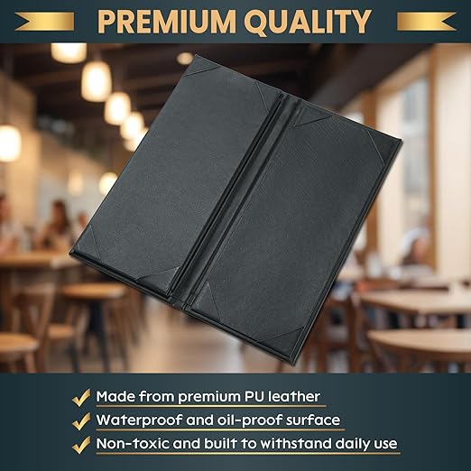 12 Pack 4 View Menu Holder Menu Covers 4.25" x 11" | Black Leather Menu Sleeves - Image 3