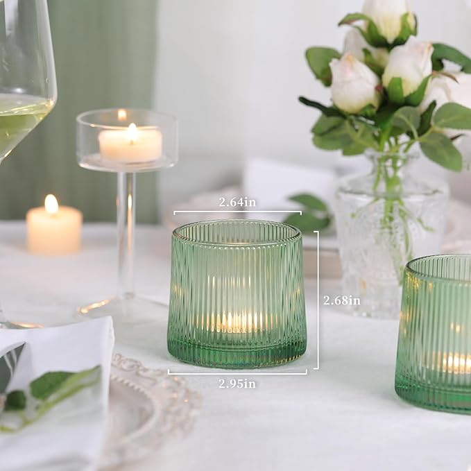 DARJEN Green Ribbed Tealight Votive Candle Holders- 6Pack Glass Candle Holders - Image 2