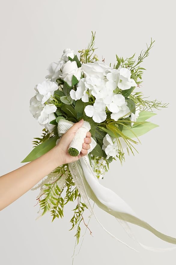 Ling's moment White Green Bridal Bouquet - Image 3