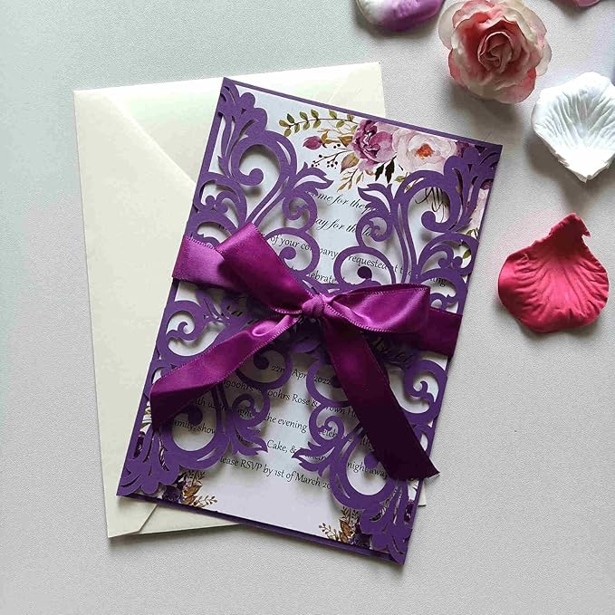 25PCS Dark Purple Laser Cut Wedding Invitations Cards - Image 3