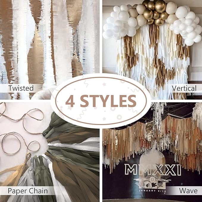 PartyWoo Brown Crepe Paper Streamers 4pcs 328ft Pack of Boho Neutral Sand White - Image 6