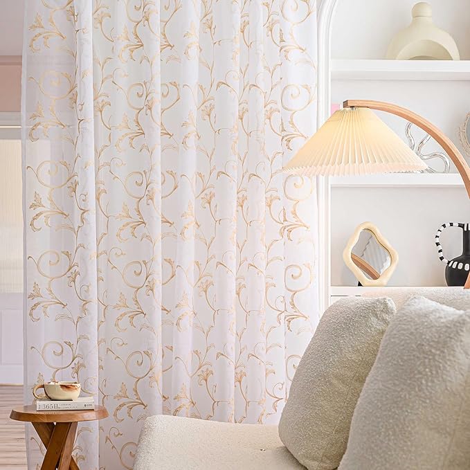 Sheer Curtains White-Beige 95 Inch Length, Boho Farmhouse Curtains - Image 2