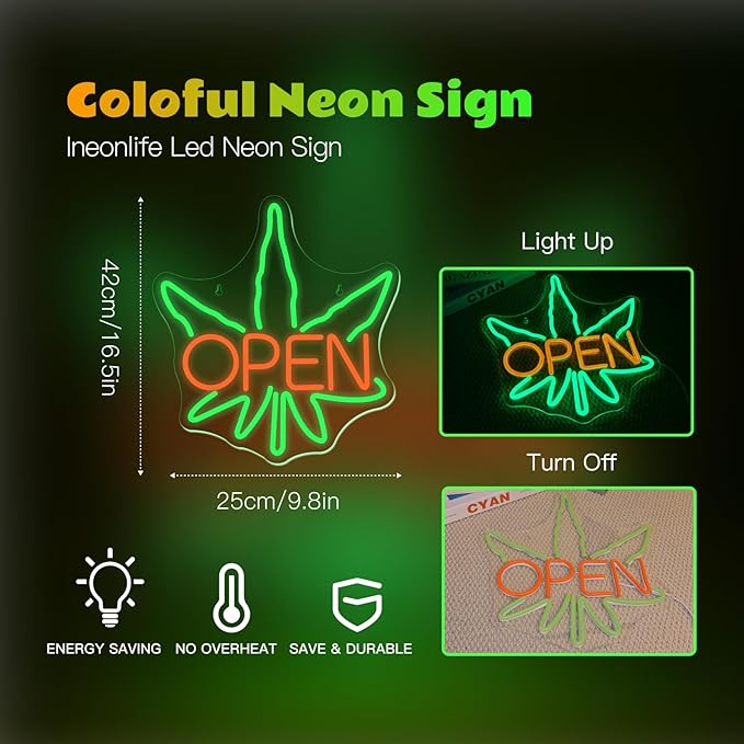 Ineonlife Green Leaves Open Neon Sign USB Dimmable Neon Signs - Image 4